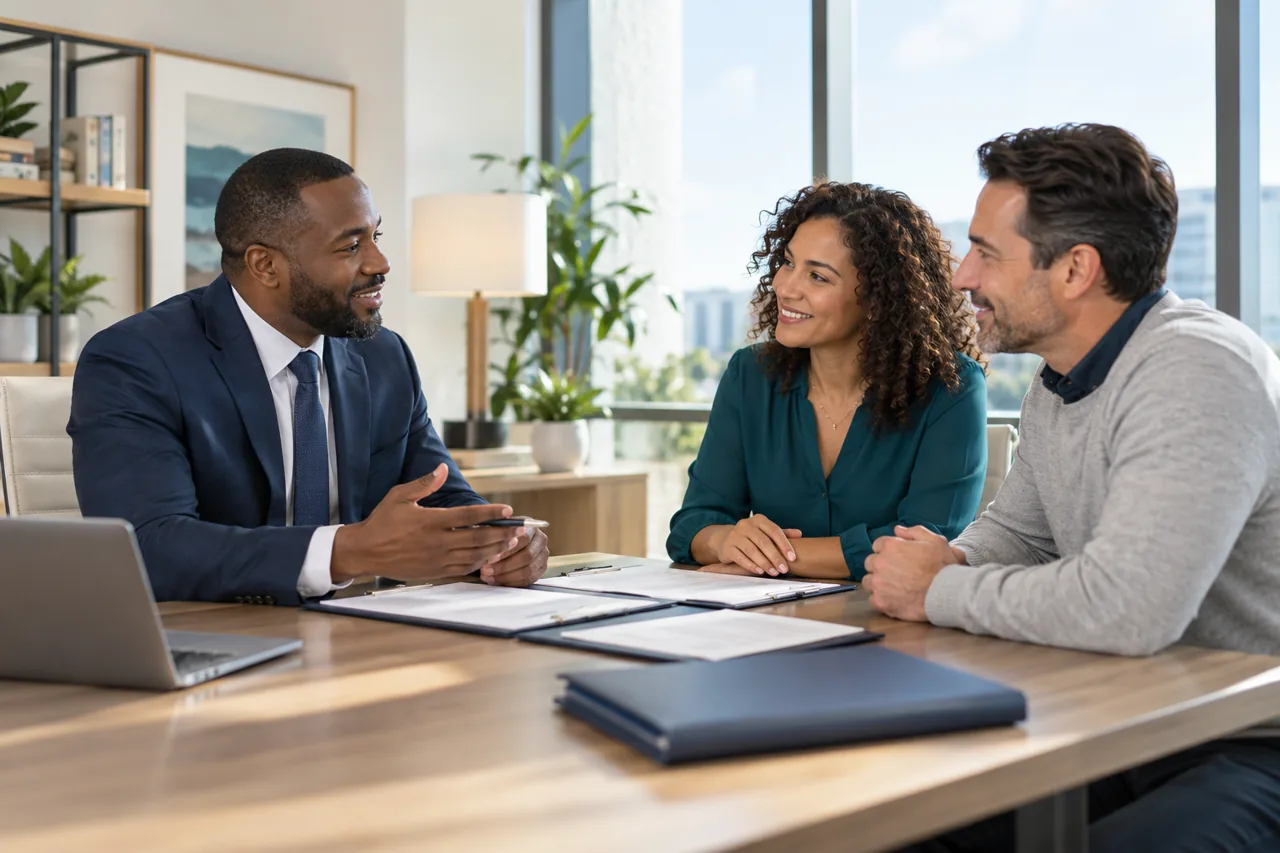 An insurance advisor having a conversation with a couple in an office